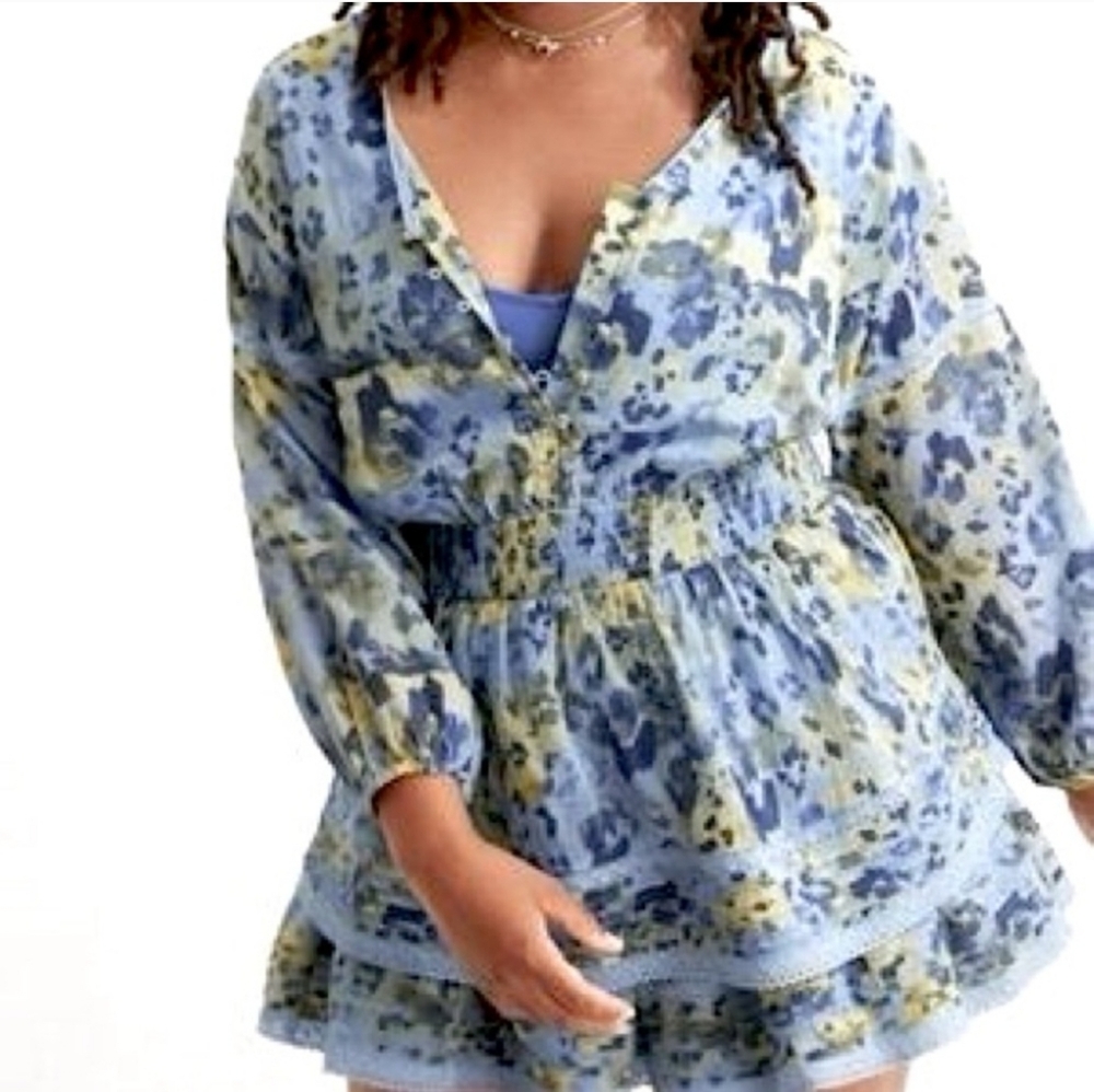 AERIE Rock n’ Ruffle Mini Dress Blue Abstract Floral Pattern